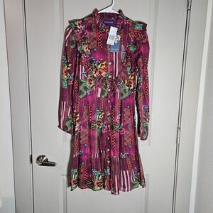 $195 NEW Ro's Garden Roma Campeche Shirt Dress Small Lined Ruffle Purple